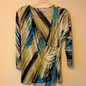 Liz Claiborne Teal, Green & Black Abstract Wrap-Style Top
